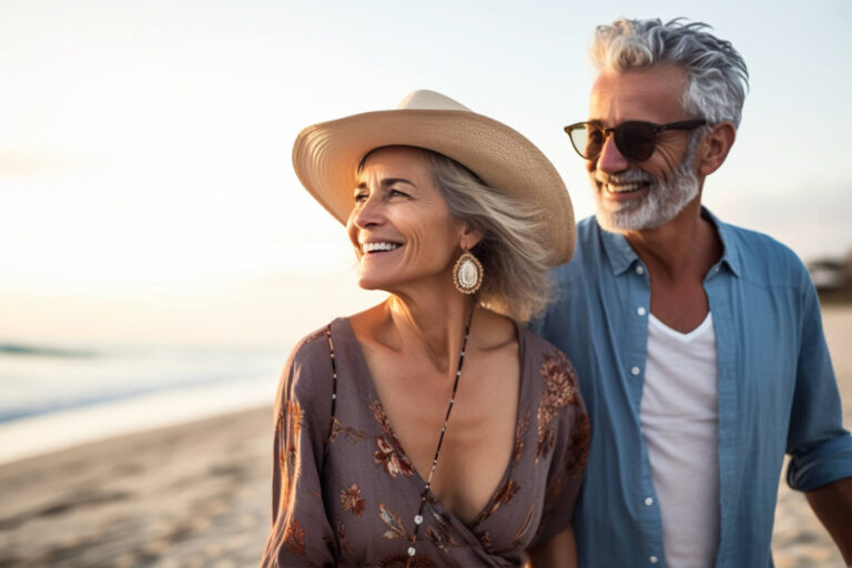 Casal maduro sorrindo feliz na praia ao pôr do sol, esbanjando confiança com a prótese protocolo de zircônia ou resina em Higienópolis.