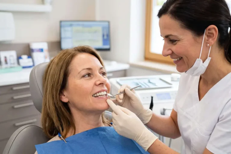 Dentista examinando sorriso de paciente feliz para avaliar conserto de faceta de resina na clínica GEN Odontologia em Higienópolis.